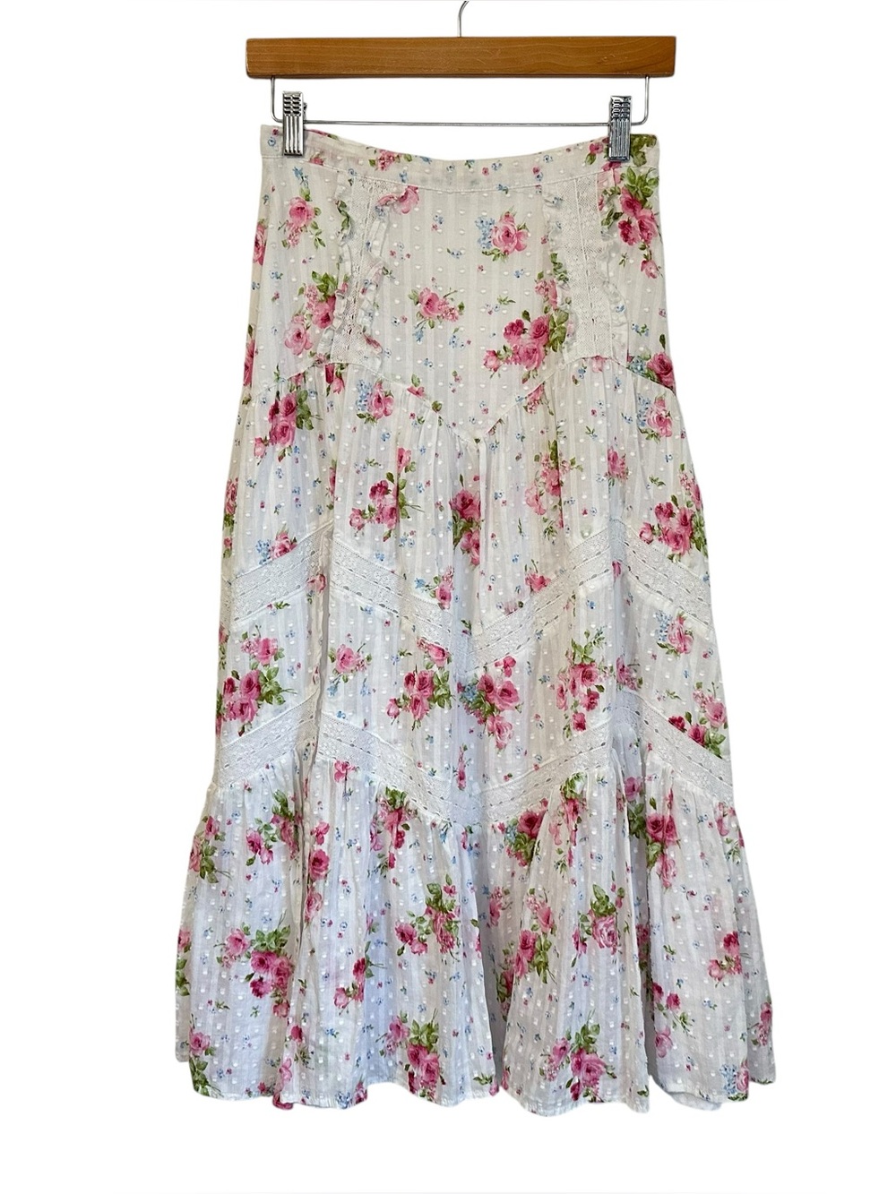 Altar'd State Women Floral Lace Trim Lined A-Line Midi Skirt Sz Small White Pink